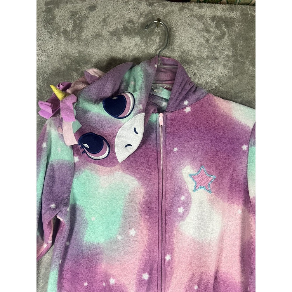 CAT & JACK SZ L 10-12Hooded Unicorn One Piece Fleece Sleeper Girls Tie Dye Stars - Picture 2 of 8